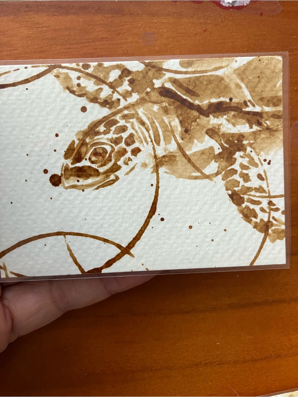 Aceo original coffee sea turtle painting atc gift art mini collectible Artettina